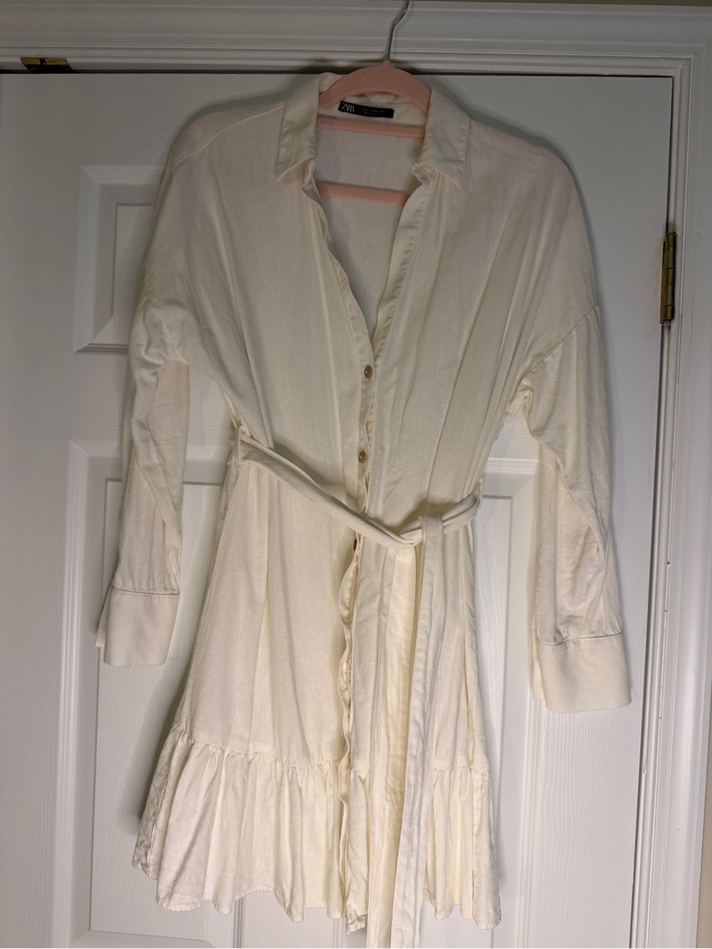 Zara Cream Button-Up Long Sleeve Shirt Dress with Tie Waist